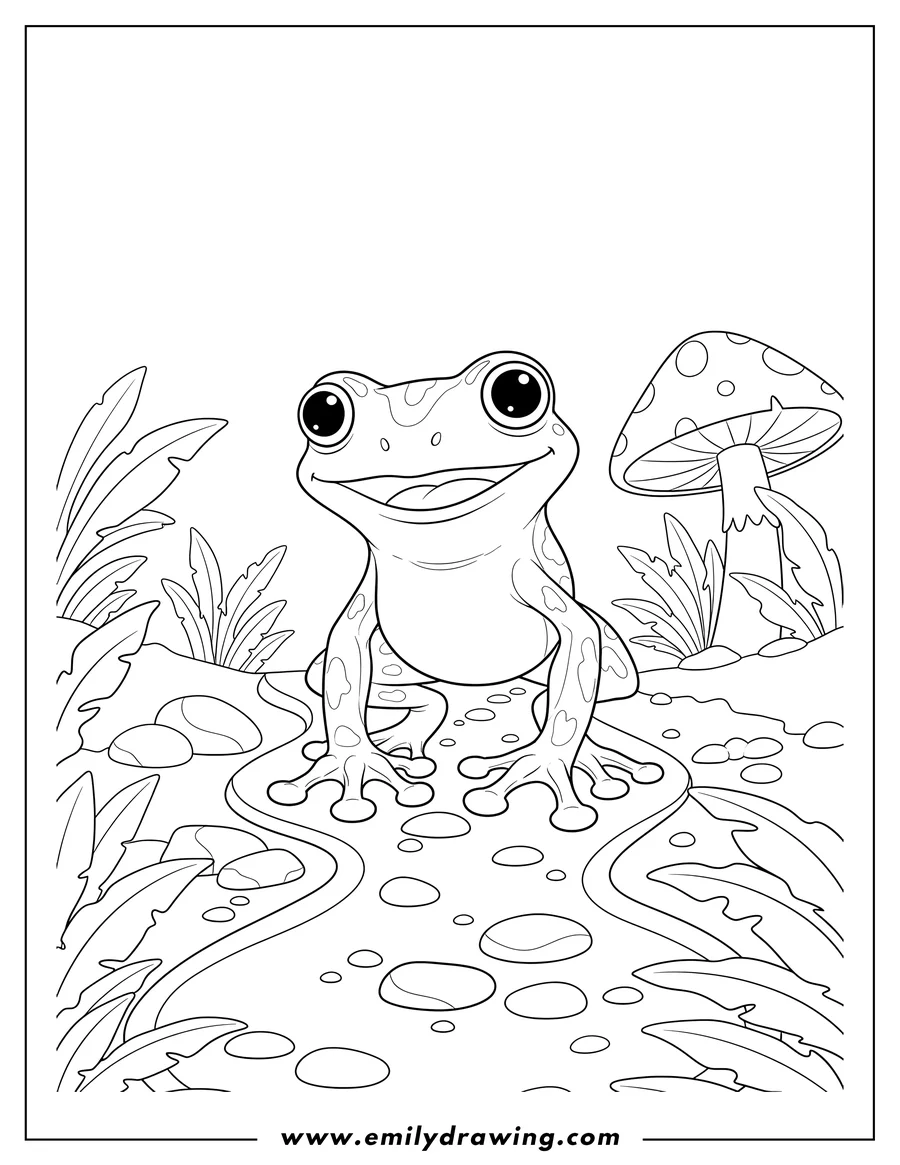 PDF style coloring page: A Gabi Tree Frog walking on a path