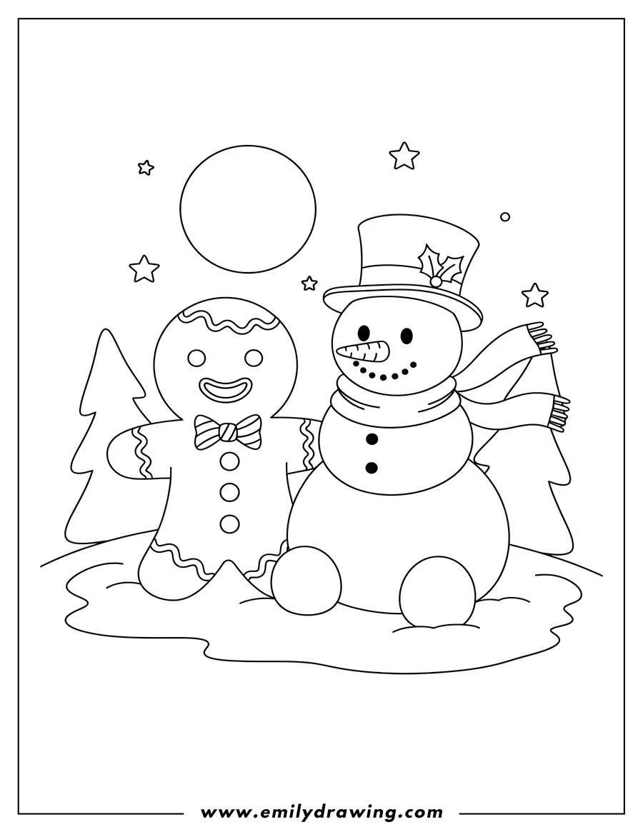 Linear illustration of A gingerbread man and snowman sitting together