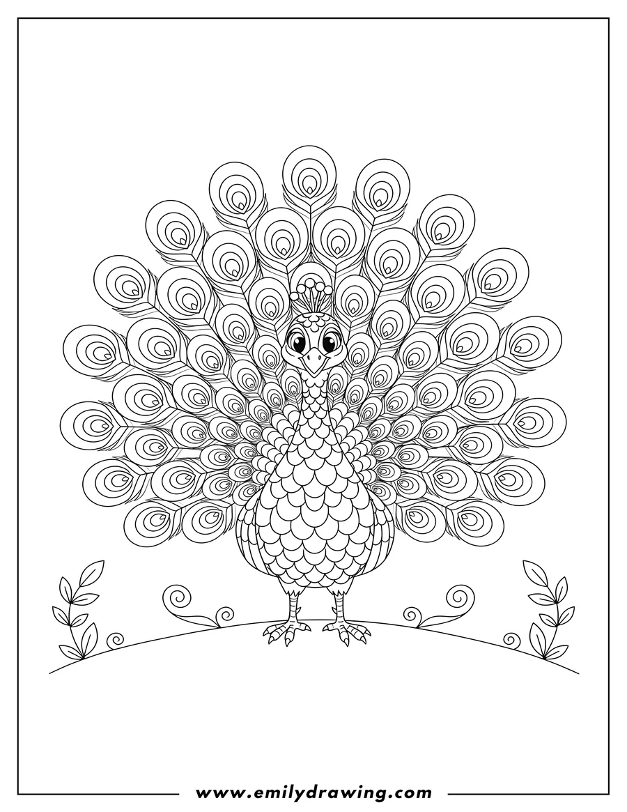 Black and white line art of A happy peacock with a fanned tail and scaled feathers