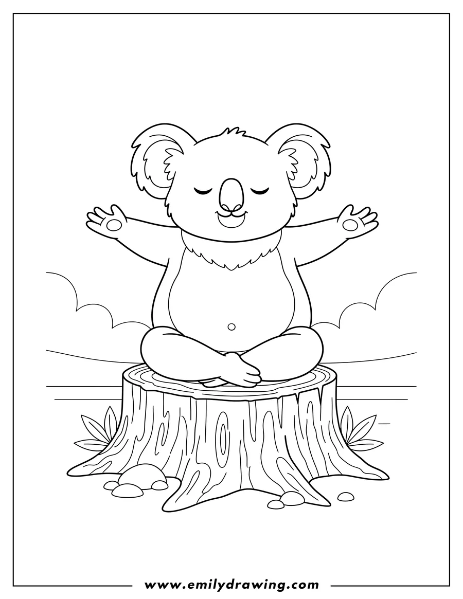 Linear illustration of A koala meditating in a lotus pose on a tree stump, with arms outstretched and palms up