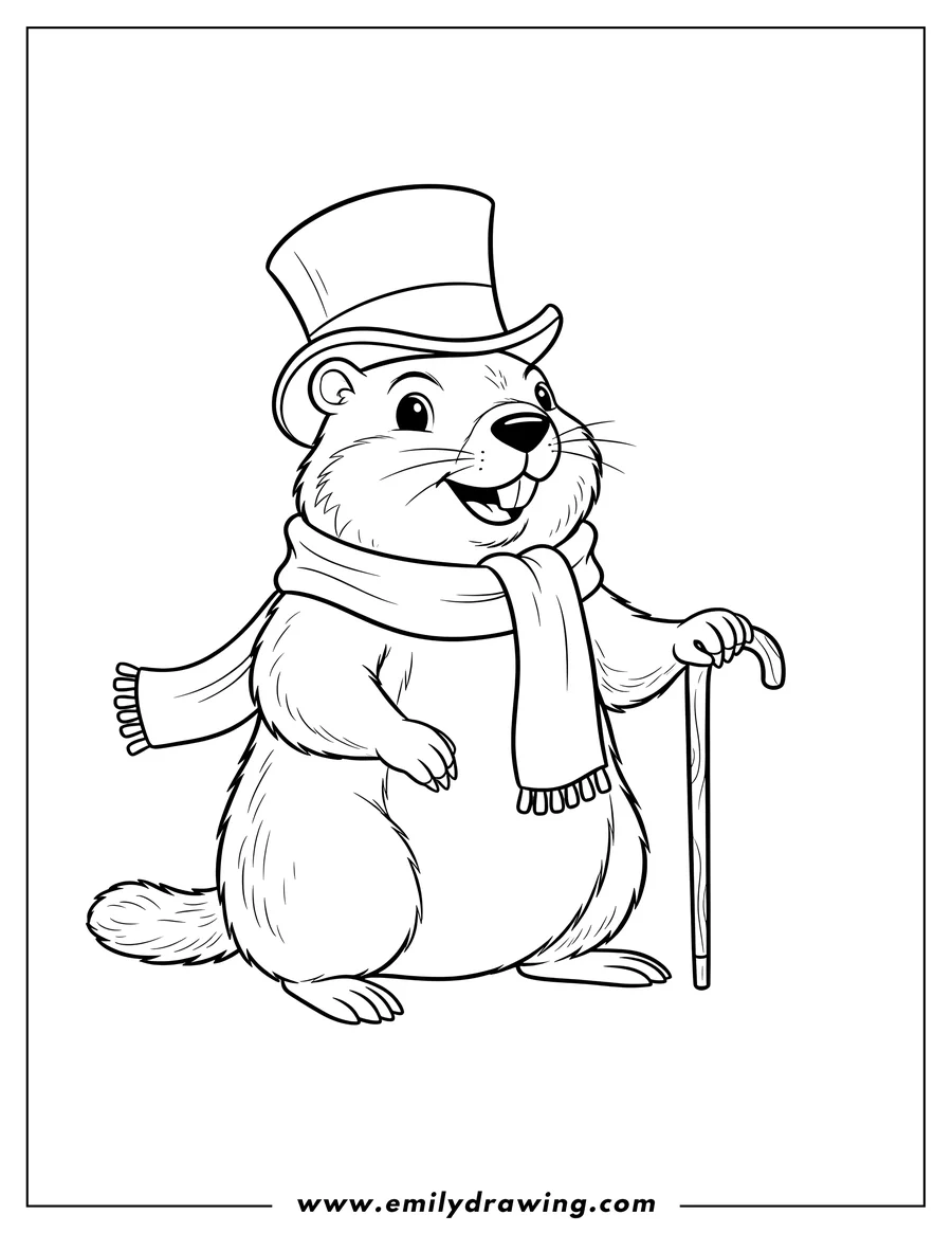 Linear illustration of A large groundhog wearing a top hat and scarf, holding a cane and smiling
