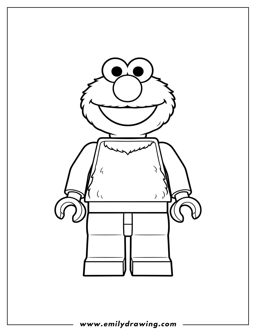 Linear illustration of A Lego Elmo minifigure standing and smiling with big eyes