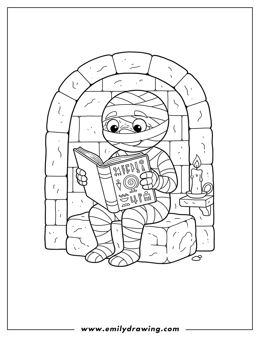 Coloring page for kids: A mummy reading a magic book with hieroglyphs, sitting on a stone block in a tomb alcove with a candle