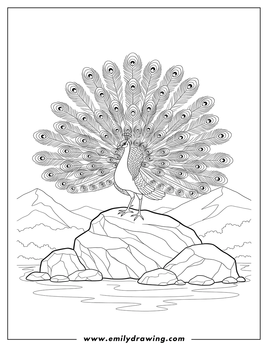 Linear illustration of A Peacock With Fanned Feathers Standing on a Rock By Mountain Pond
