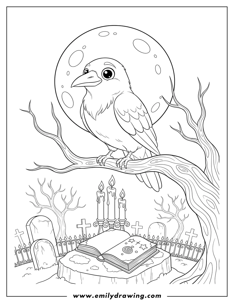 Downloadable coloring page of A raven perched on a branch with a full moon behind it, lit candles, and an open spellbook in a cemetery