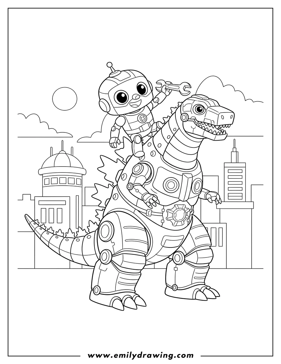 Downloadable coloring page of A robot attacking Robot Godzilla from its back