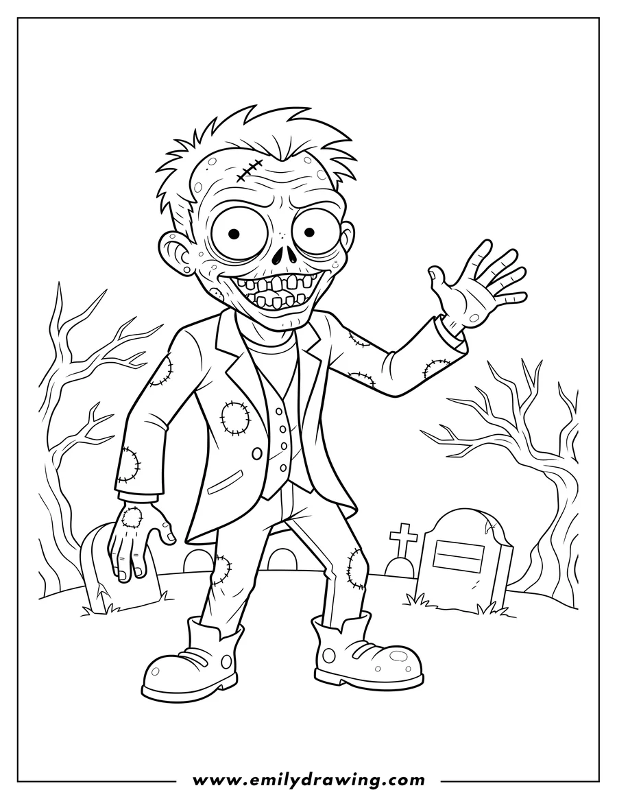 Free to print drawing of A scary zombie with sharp teeth, stitches, and an angry face