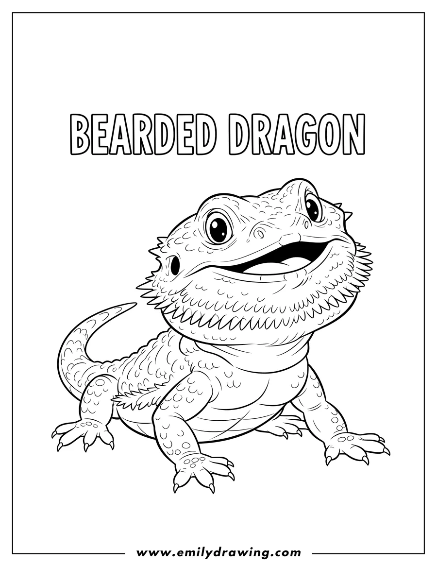 Downloadable coloring page of A simple, smiling bearded dragon with BEARDED DRAGON text, for preschoolers