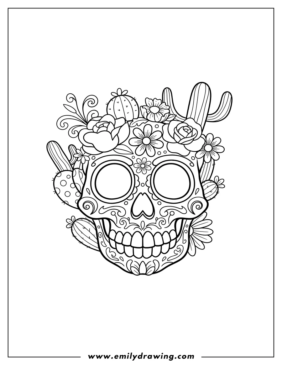 Coloring page of A skull decorated with flowers and cacti