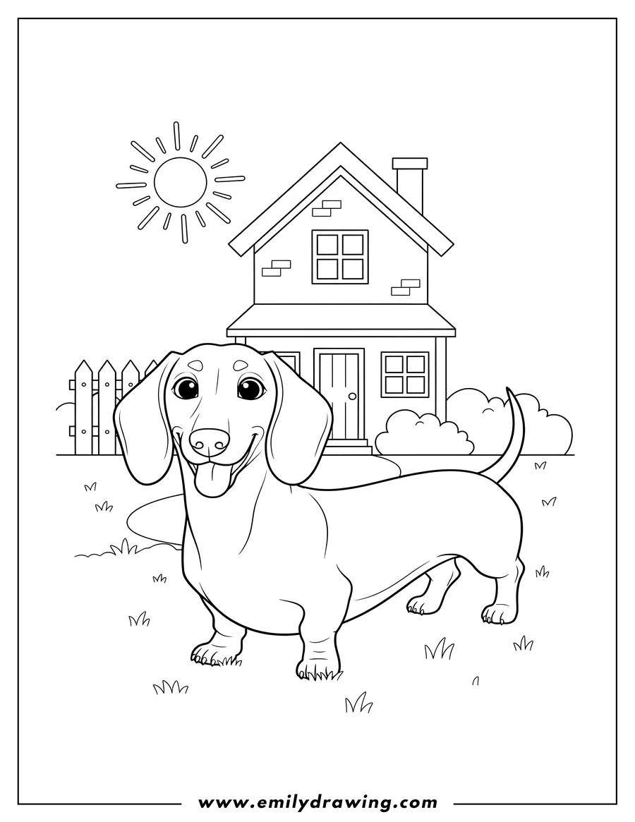 Black and white line art of A smiling Dachshund dog standing outside a house