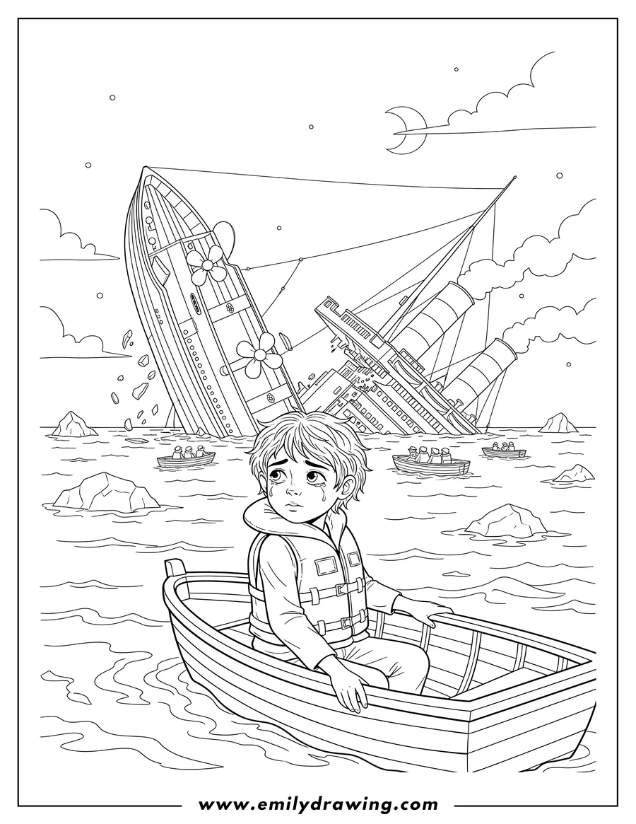 Clean line drawing: A survivor in a lifeboat watches the Titanic sinking stern-first