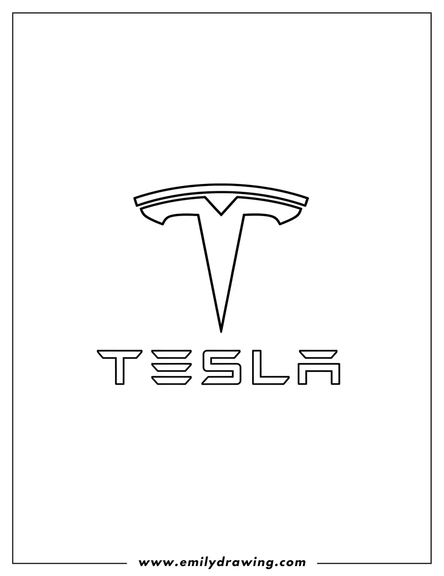 Linear illustration of A Tesla logo, with the word TESLA below it, as an outline for coloring