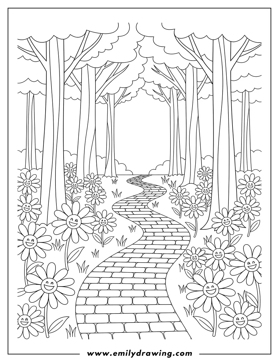 Downloadable coloring page of A winding brick forest path lined with smiling daisies and tall trees