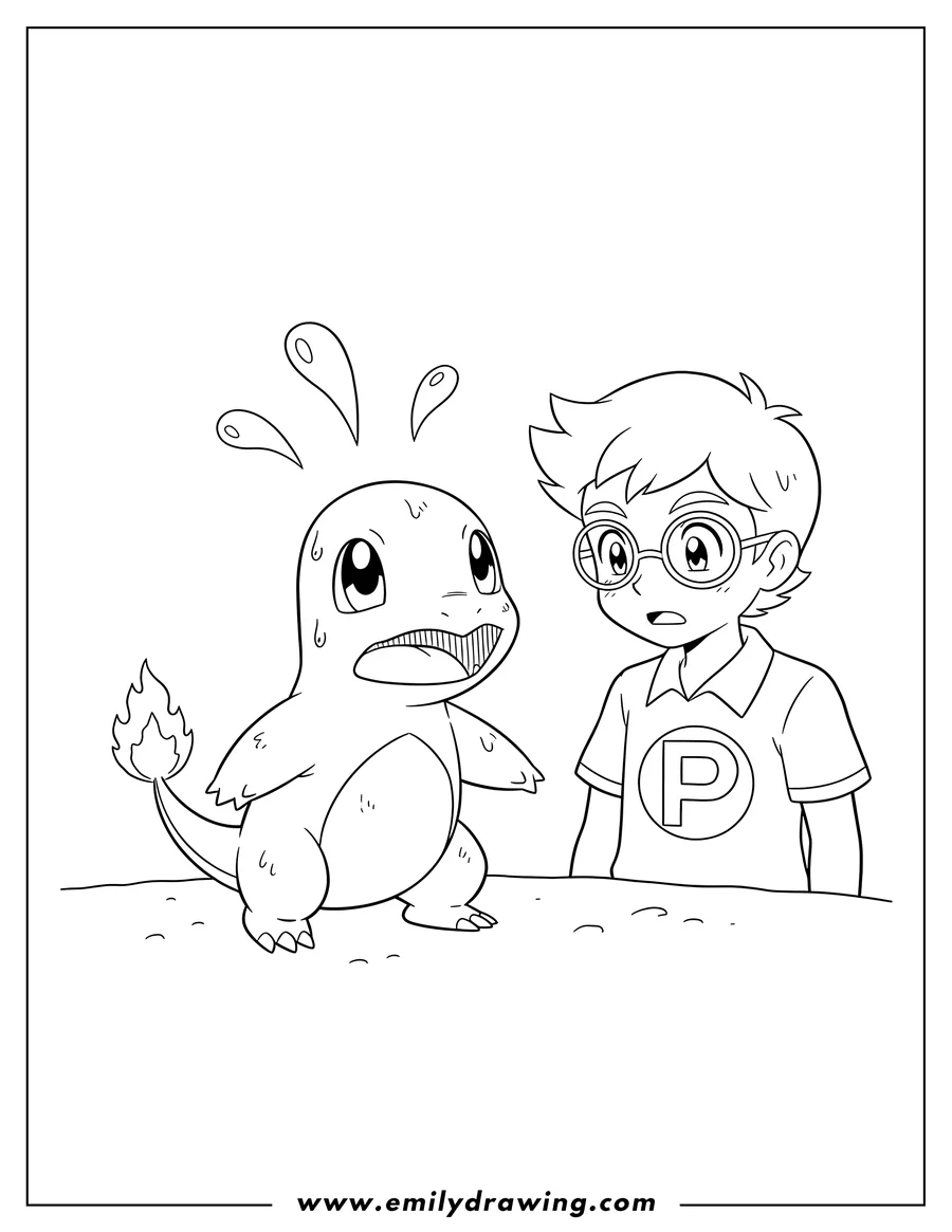 PDF style coloring page: A worried Charmander with its mouth open and sweat drops, near a trainer wearing glasses and a shirt with a 'P'
