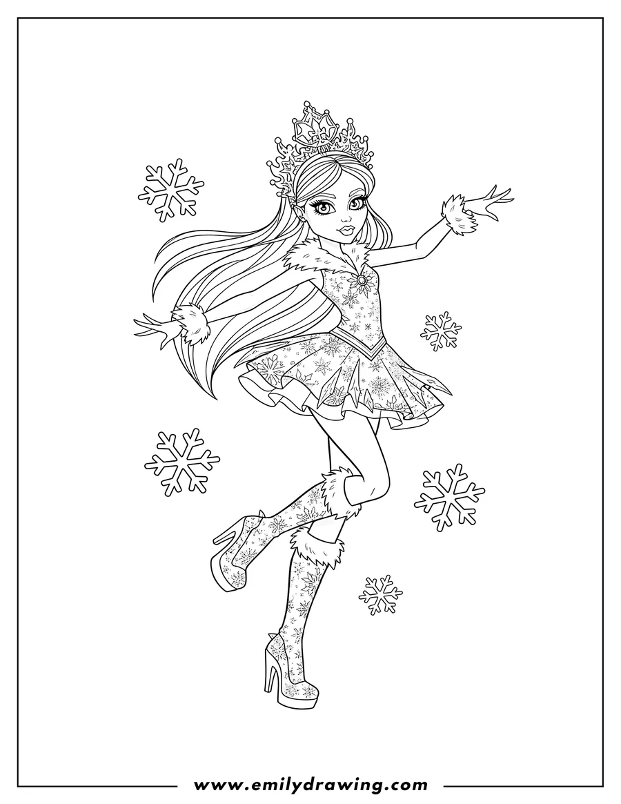 Printable line art of abbey Bominable dancing in her snowflake winter outfit