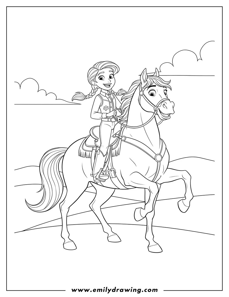 Linear illustration of abigail riding Chica Linda, smiling, with the horse lifting a front leg