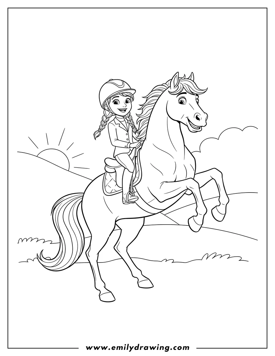 Printable coloring page of abigail riding Lucky the rearing horse