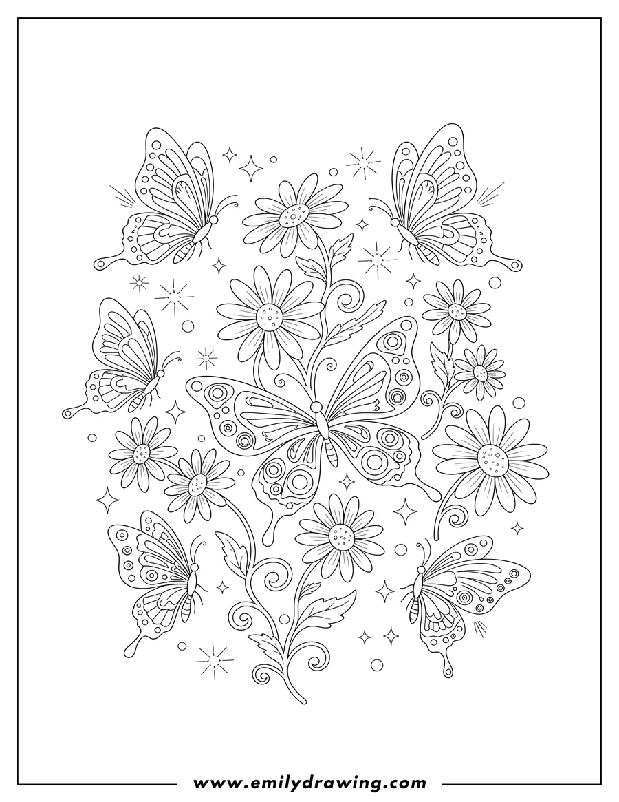 Black and white line art of abstract Butterflies With Daisy Flowers, flying and blooming, with sparkle shapes