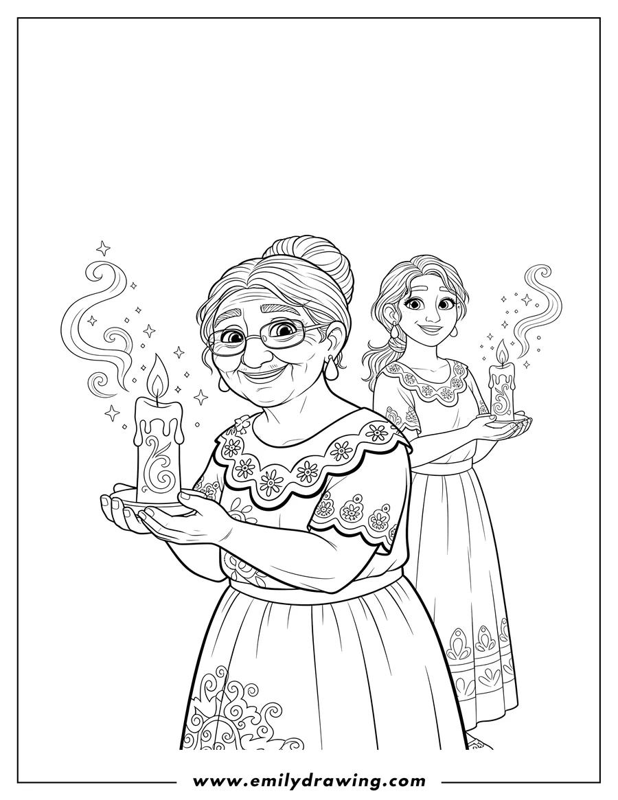 Free to print drawing of abuela Alma smiling and holding a magical candle, with another woman also holding a candle in the background