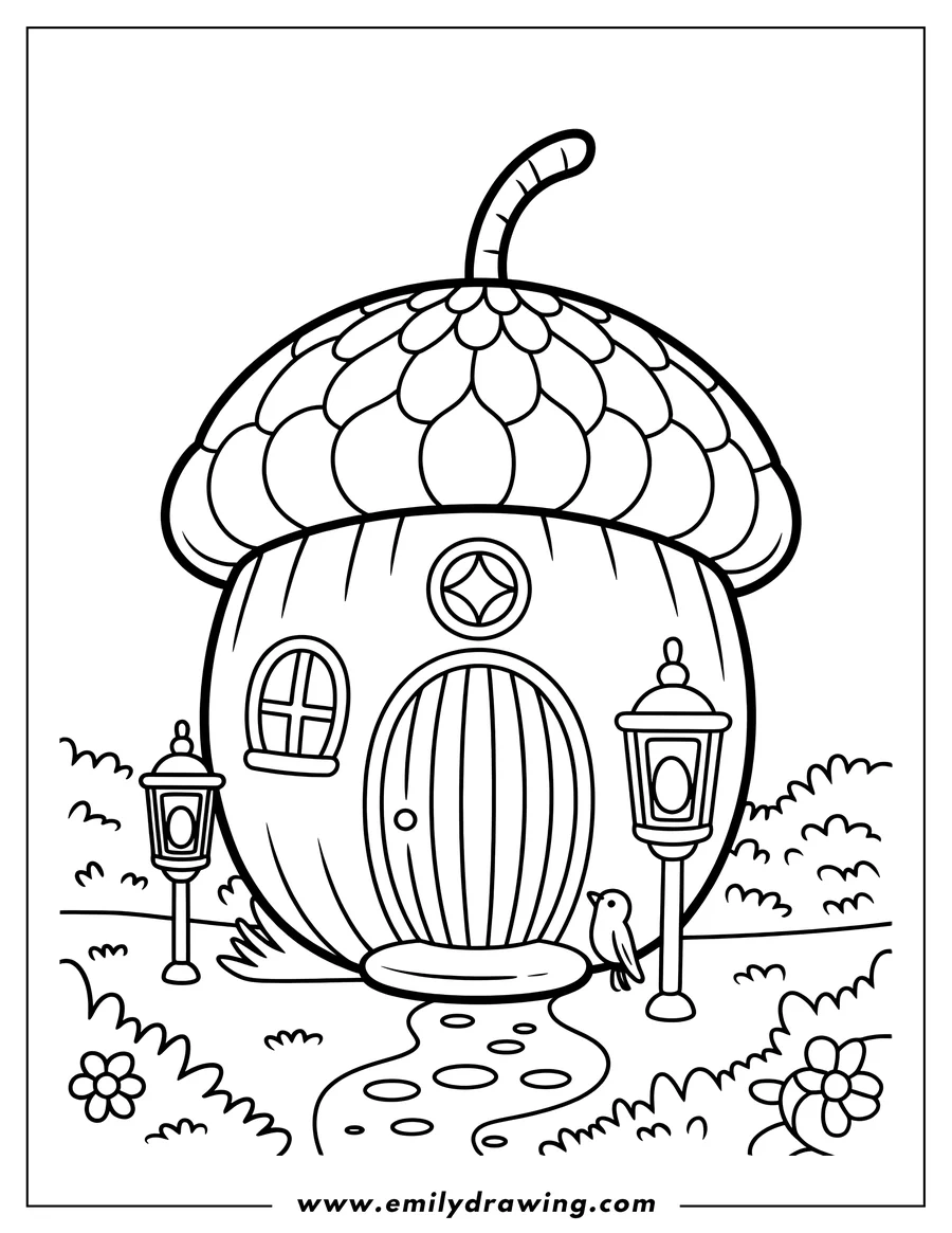 Full page coloring image of acorn House