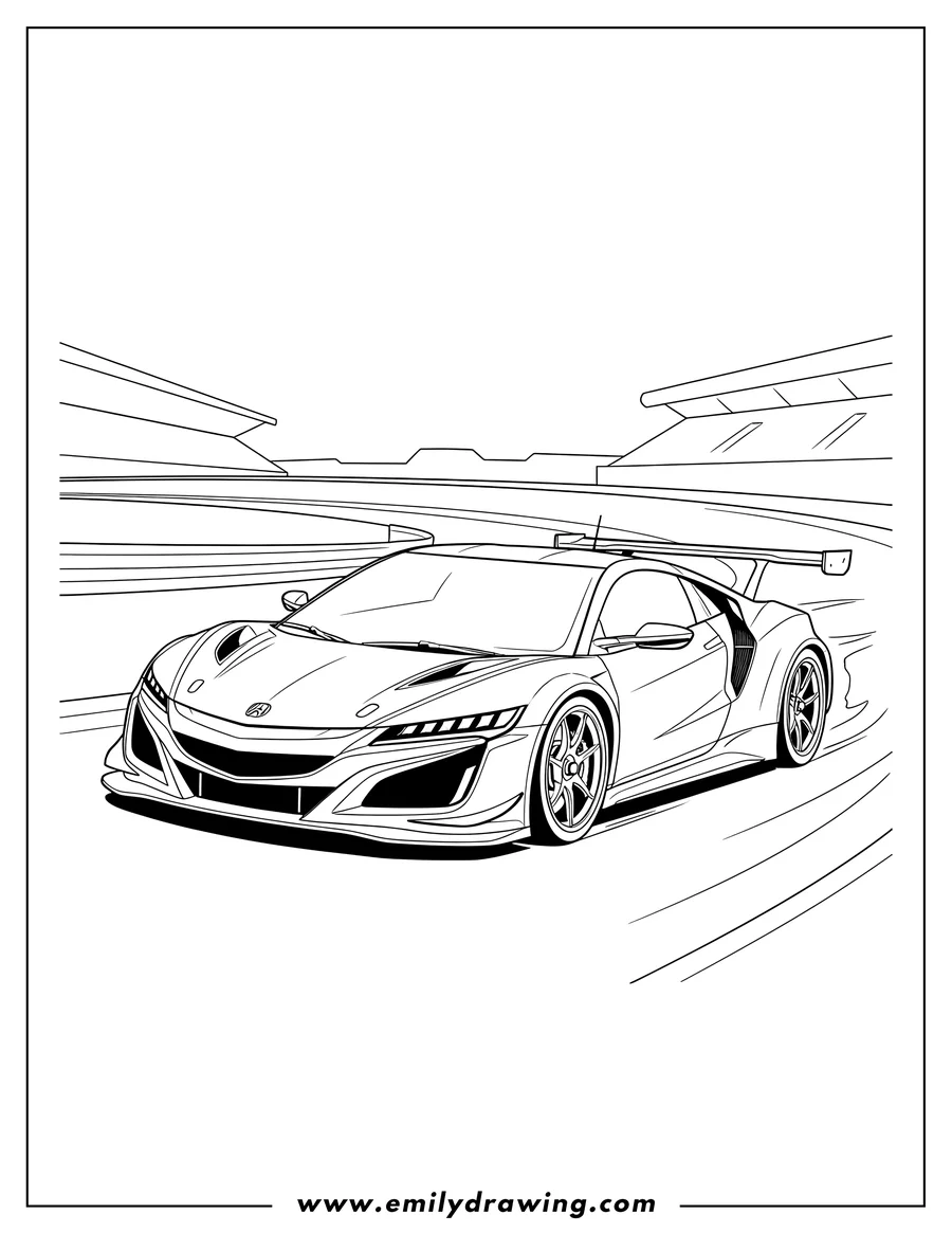 Downloadable coloring page of acura NSX GT3 race car speeding on a track