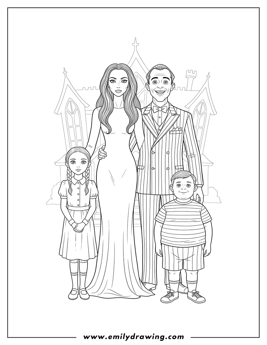 Outline drawing of addams Family Poster with Morticia, Wednesday with clasped hands, Gomez, and Pugsley standing together