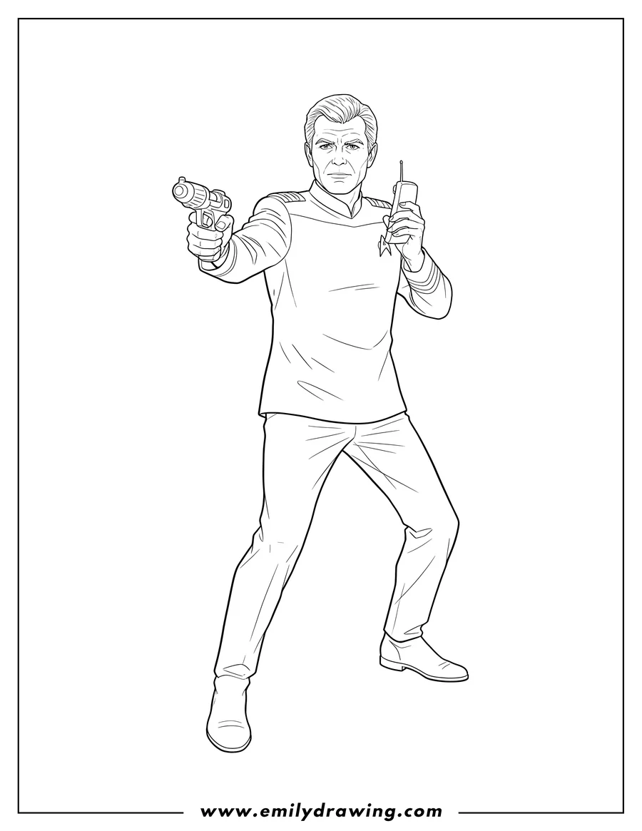 Vector style outline of star Trek William Shatner As Admiral James Kirk in an action pose, holding a phaser and a communicator