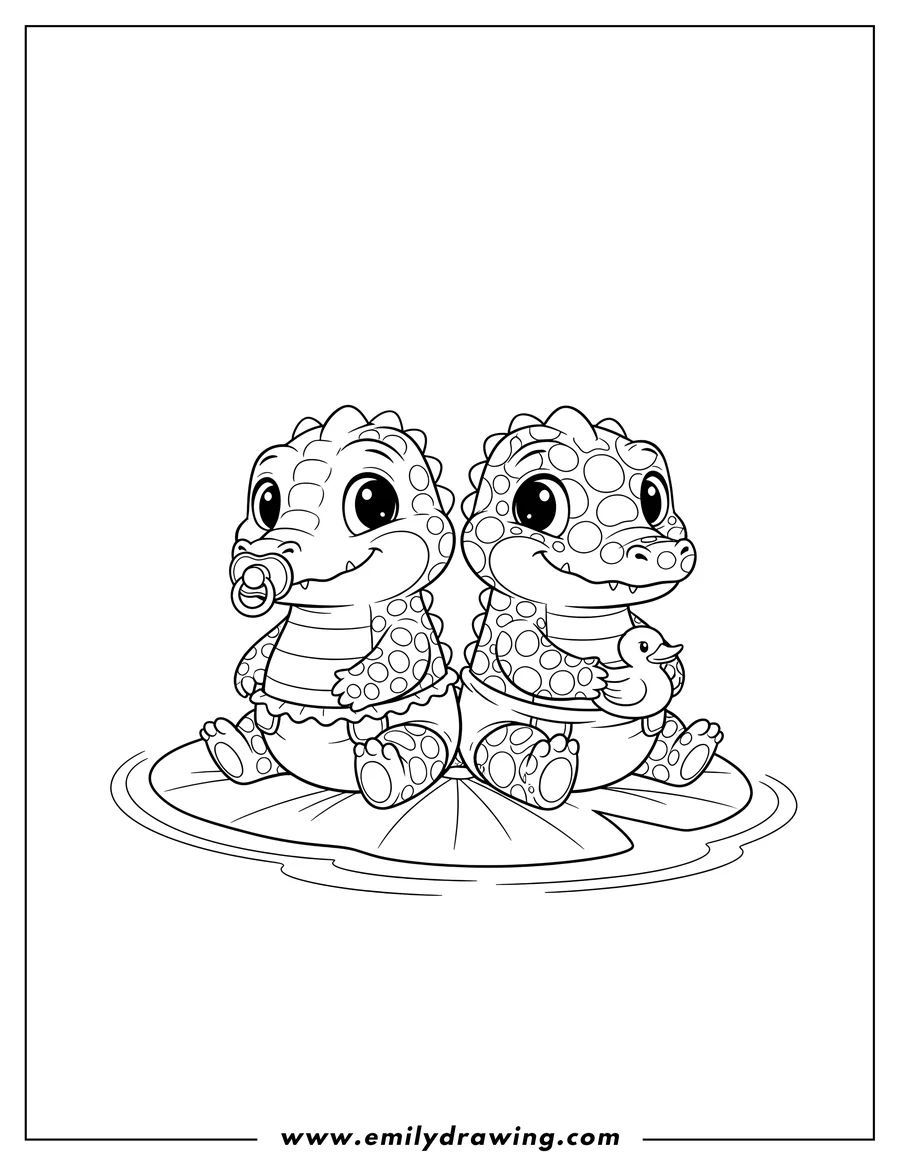 Coloring page for kids: adorable Baby Crocodile Toddlers Scaled, sitting, with a pacifier and a diaper
