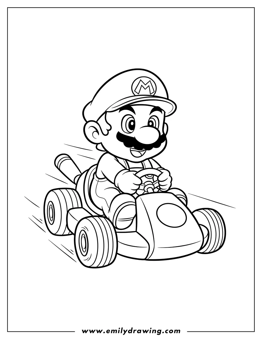 Free printable coloring sheet of adorable Baby Mario driving a kart, wearing his signature M hat