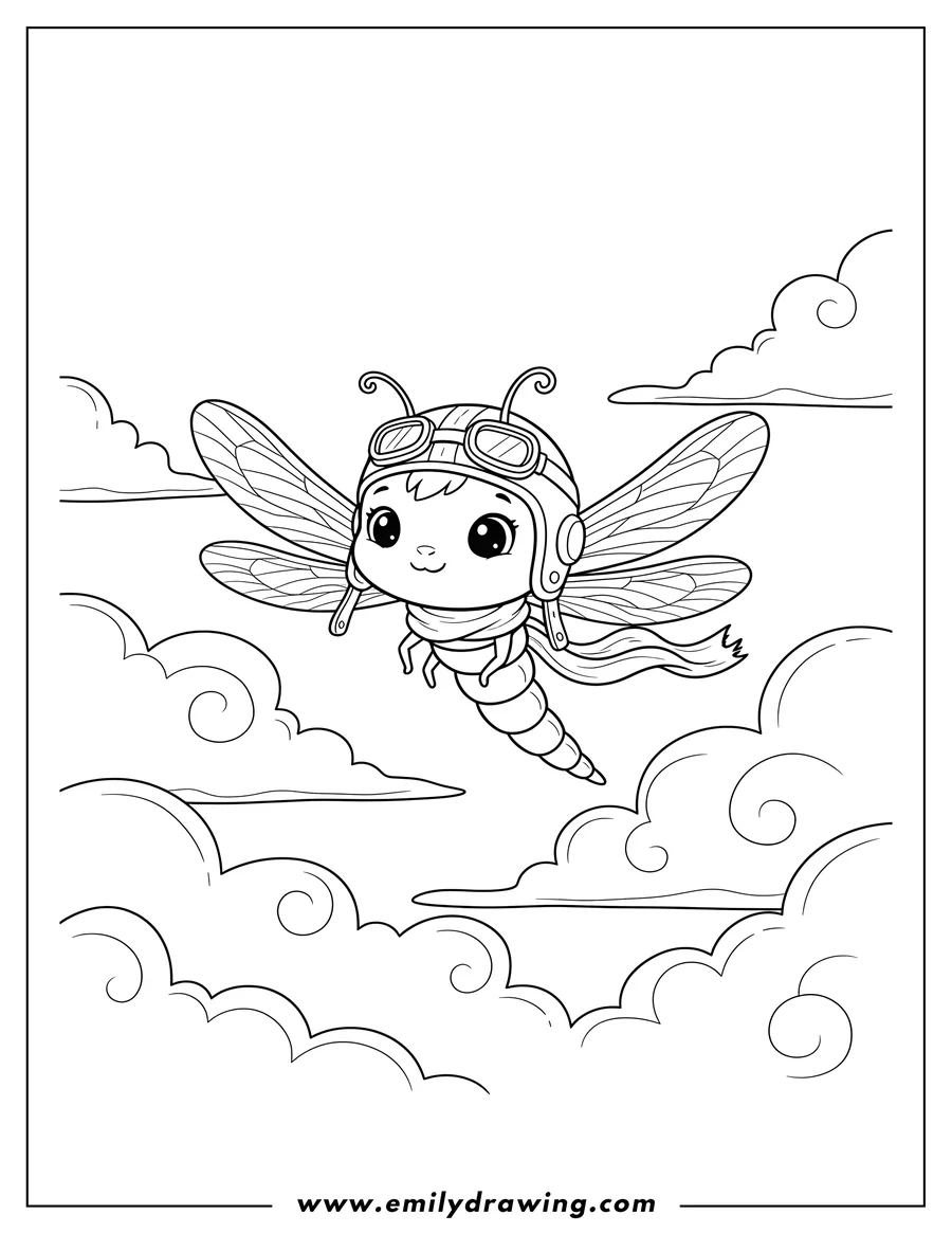 Full page coloring image of adorable Belen, a cartoon dragonfly, flying in the clouds