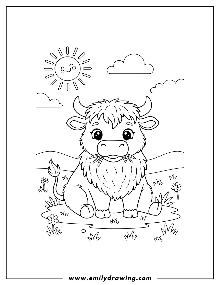 Black and white line art of adorable Bull Chewing Grass On Field Under Sun with horns and shaggy hair