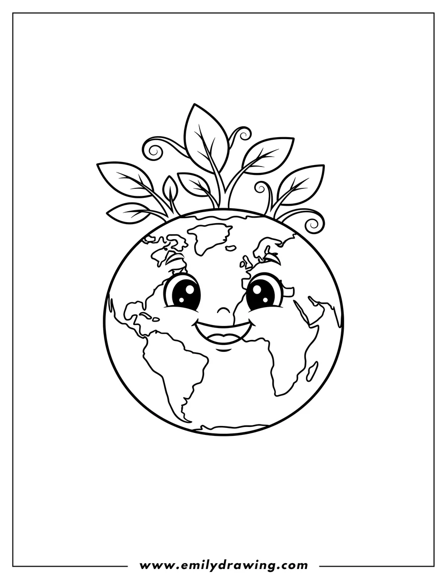 Vector style outline of adorable cartoon Earth with a happy face, sprouting leaves