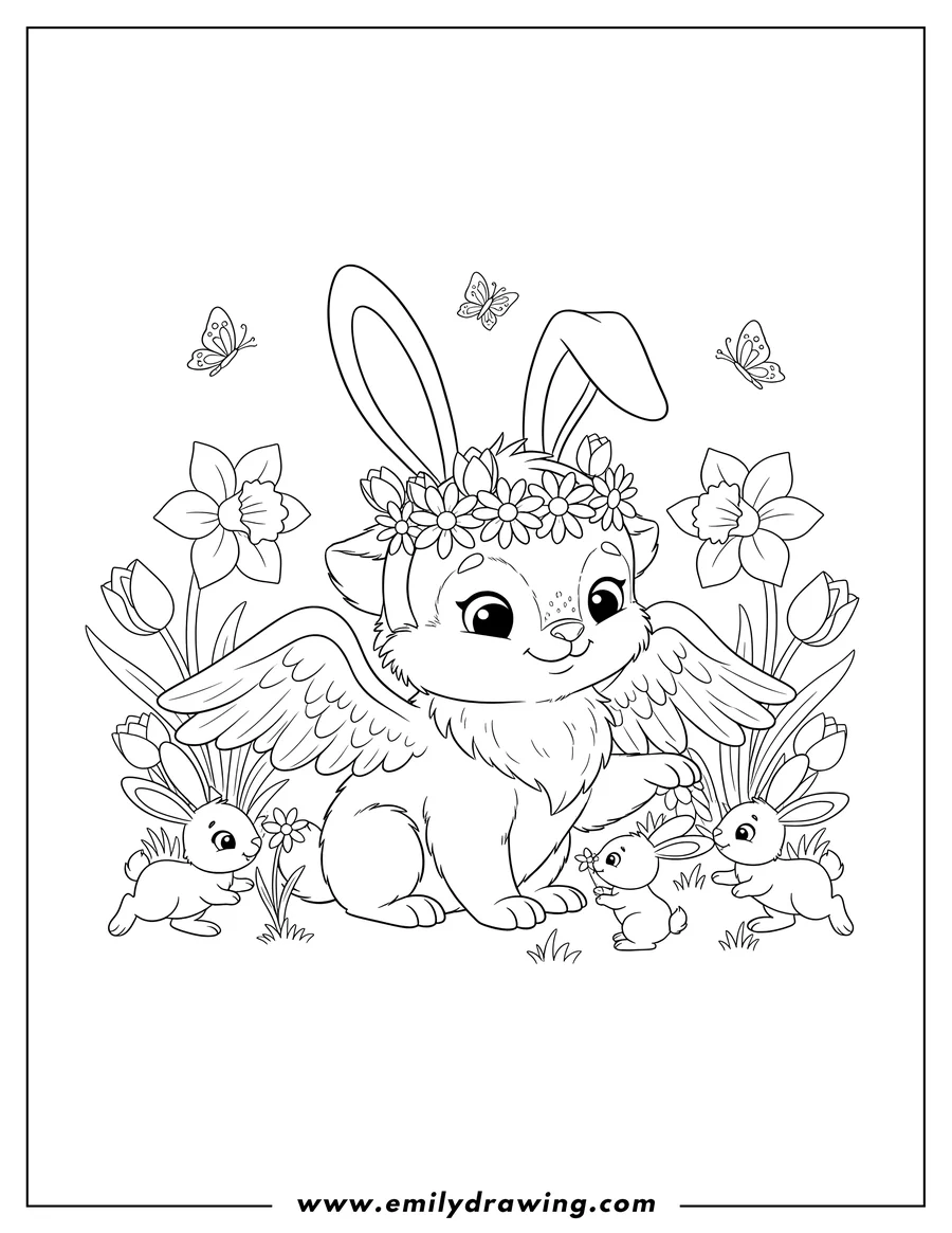 Coloring page of adorable Cartoon Griffin with bunny ears and a flower crown, playing with rabbits among spring flowers, for preschoolers