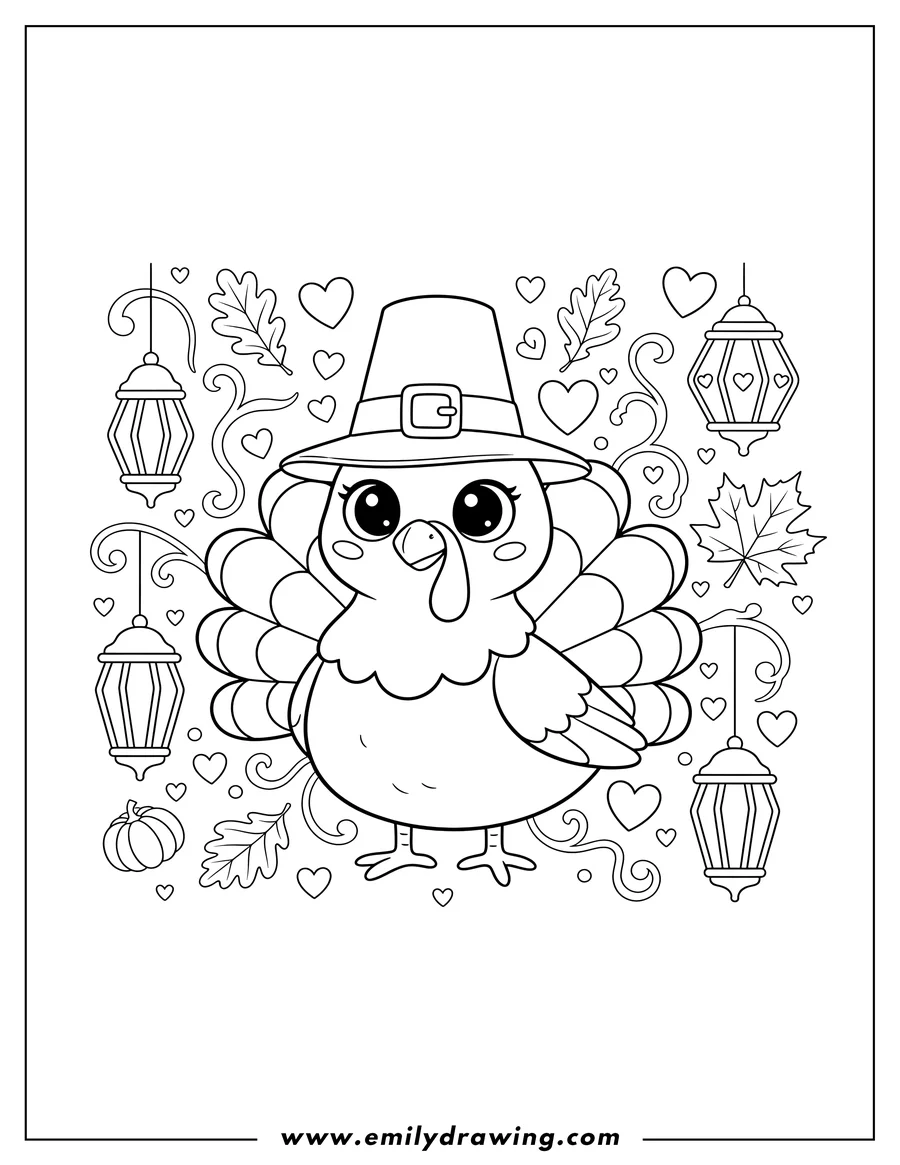 Simple sketch of adorable Cartoon Turkey with big eyes wearing a pilgrim hat, surrounded by hanging lanterns, leaves, and hearts to color