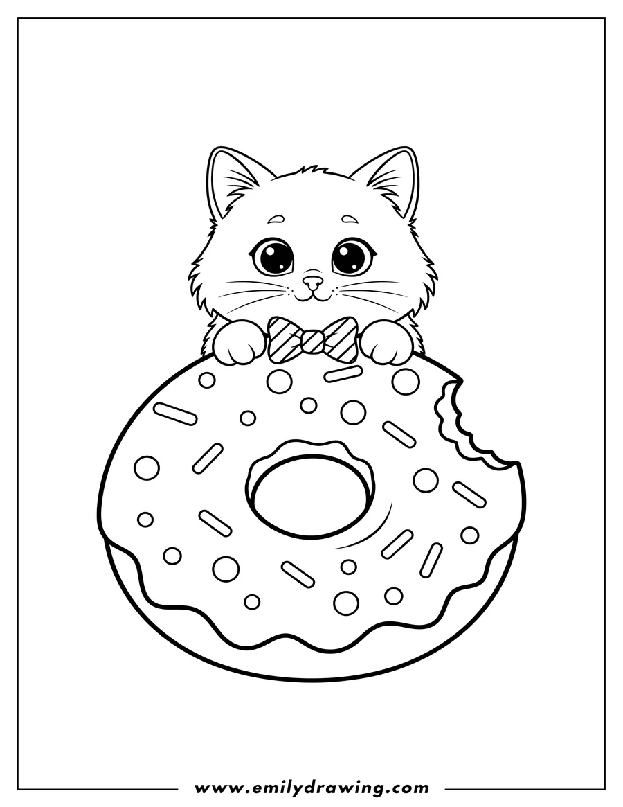 PDF style coloring page: adorable Cat wearing a bow peeking over a giant donut with sprinkles