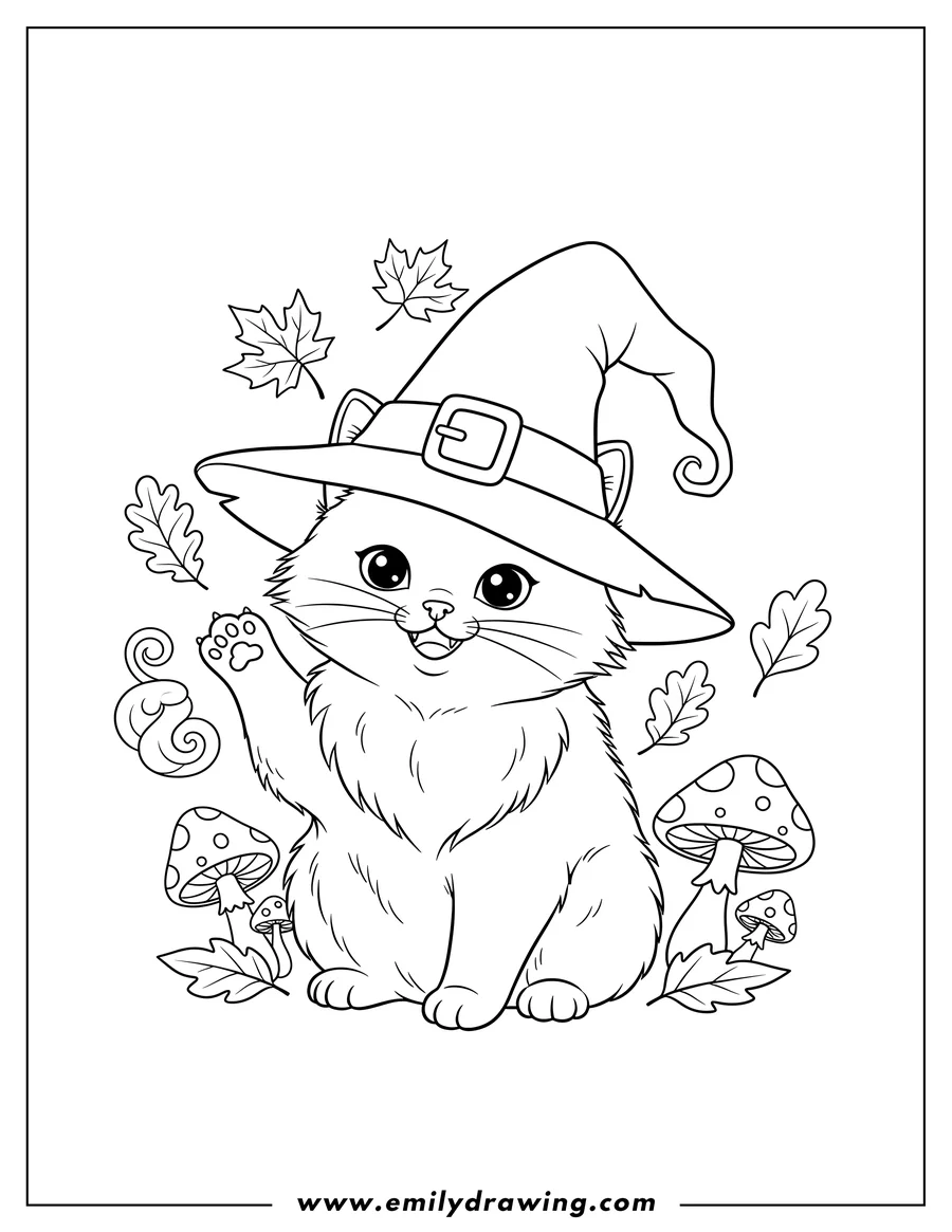 Coloring page for kids: adorable Cat Wearing Witch S Hat, sitting with a raised paw and fangs, surrounded by autumn leaves and mushrooms