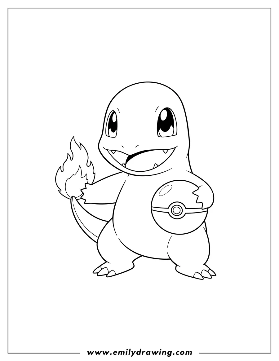 PDF style coloring page: adorable Charmander Pokemon smiling and holding a Poké Ball