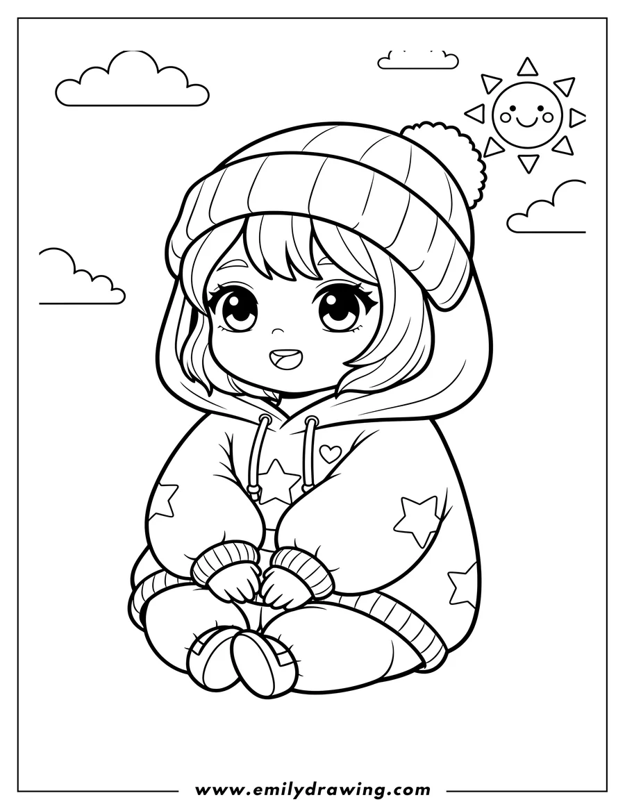 Vector style outline of adorable Chibi Girl Wearing Hoodie Preschoolers, sitting cross-legged, with a beanie