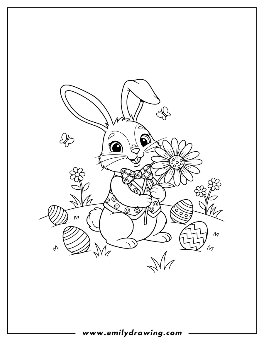 Clean line drawing: adorable Easter Bunny sitting, holding a flower in its paws