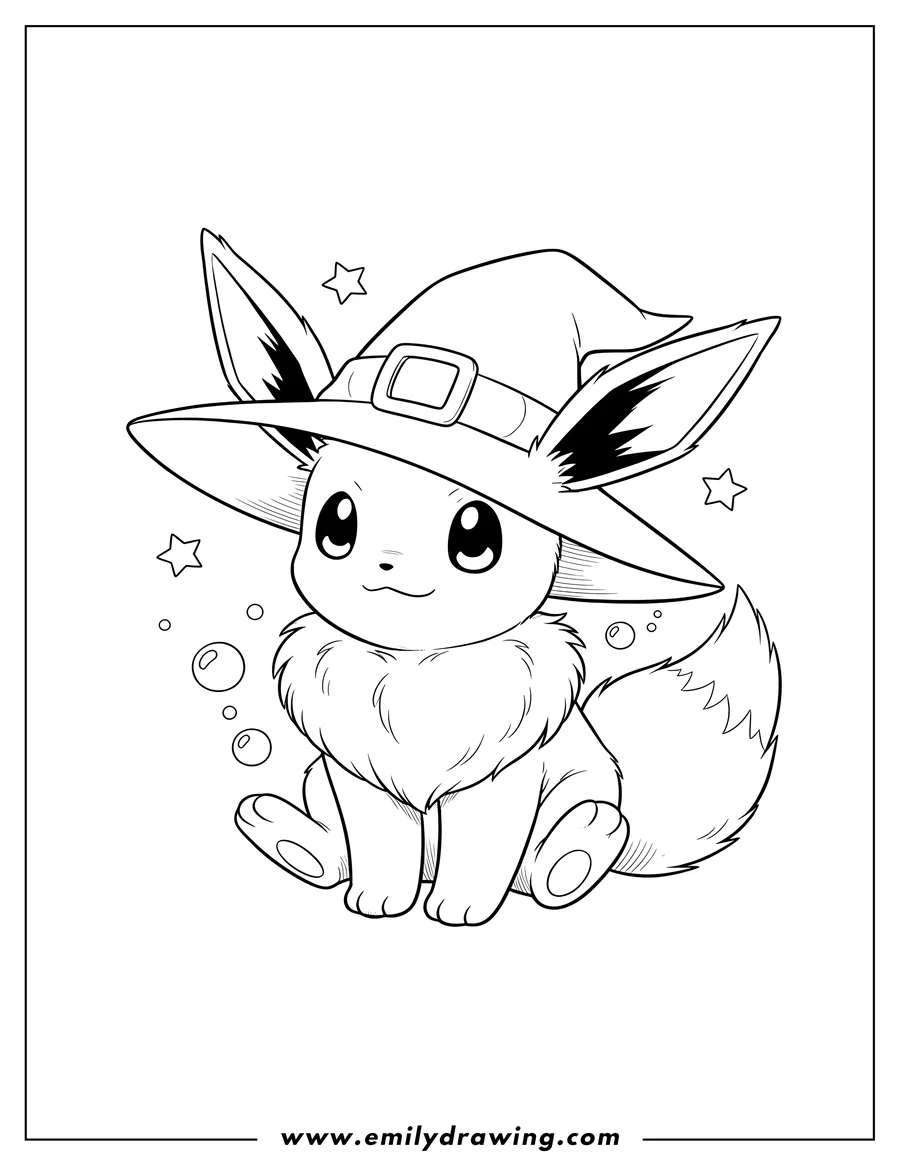 Clean line drawing: adorable Eevee Wearing Witch Hat, sitting contentedly