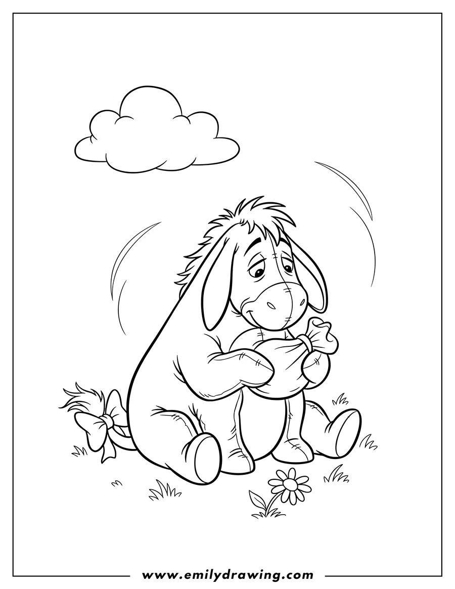 Downloadable coloring page of adorable Eeyore with his bow on his tail, sitting and holding a small bundle