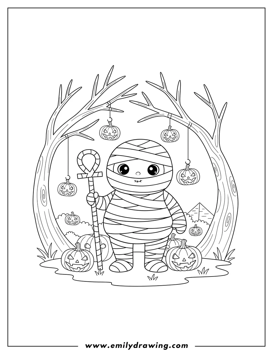High quality printable adorable Egyptian Mummy holding a staff, with Jack O Lanterns, some hanging from a tree for coloring