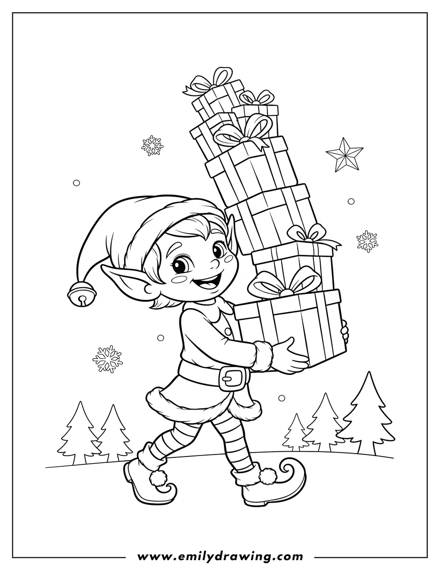High quality printable adorable, smiling elf walking and carrying a stack of Christmas presents for coloring