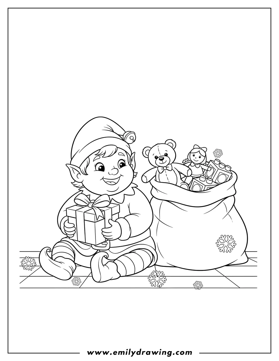 Printable line art of adorable elf sitting, holding a present, and packing Santa's sack with a teddy bear