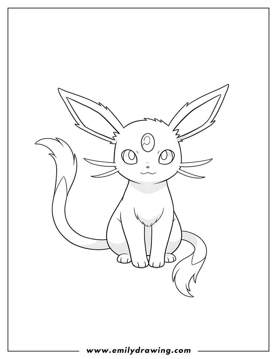 Simple sketch of adorable Espeon sitting with its tail curled to color