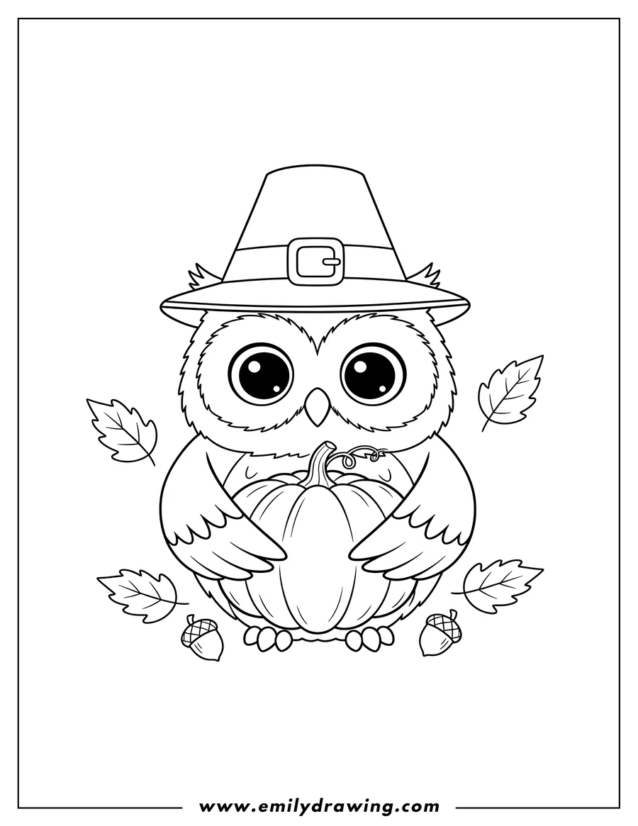 Coloring page of adorable Fall Owl with big cute eyes, wearing a Pilgrim Hat and holding a pumpkin with its wings, Autumn