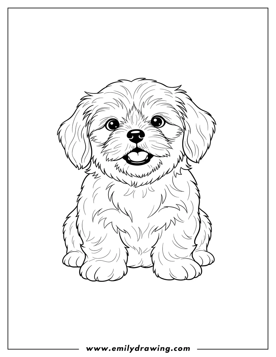 Simple sketch of adorable fluffy smiling Shih Tzu puppy to color to color