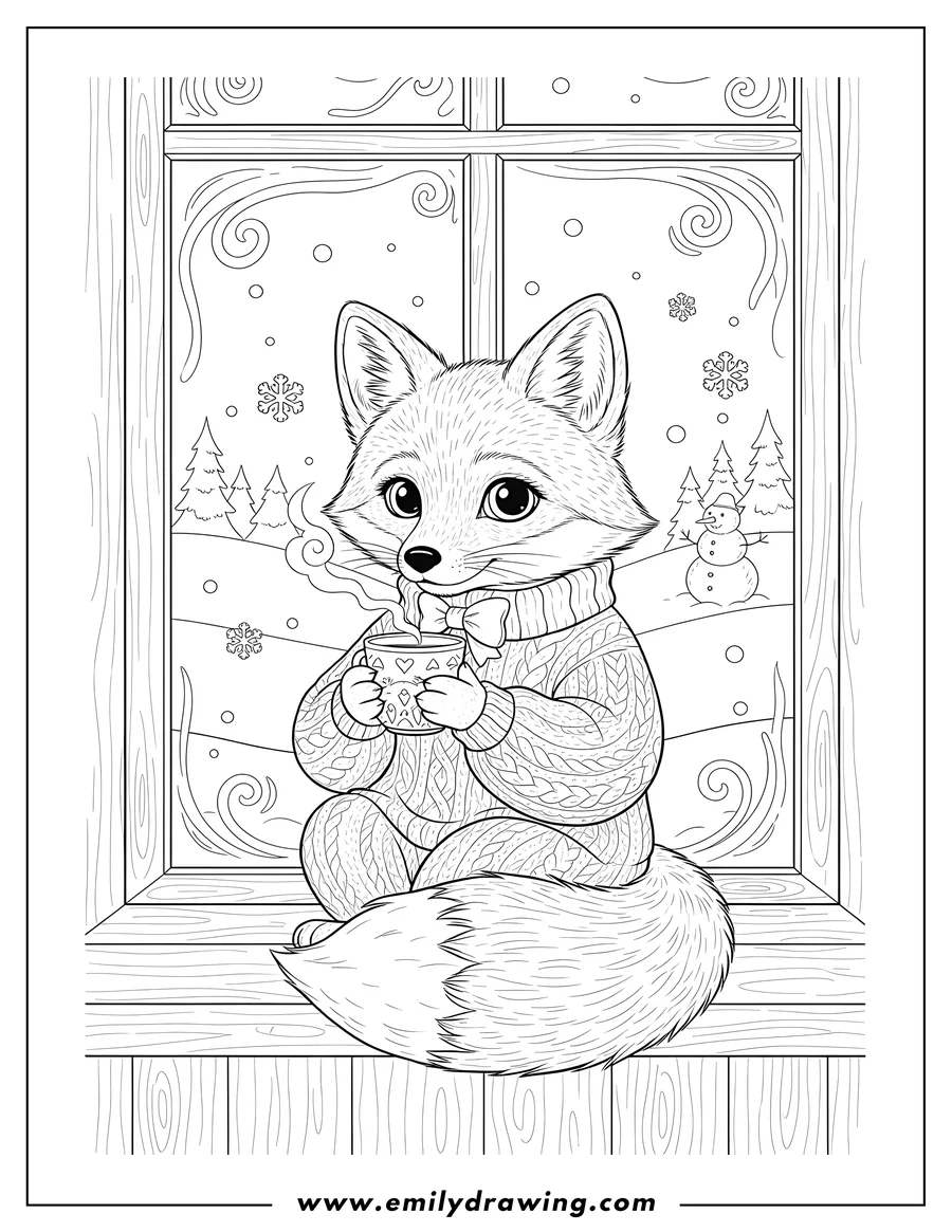 Clean line drawing: adorable fox drinking tea from a mug on a windowsill, by a snowy window