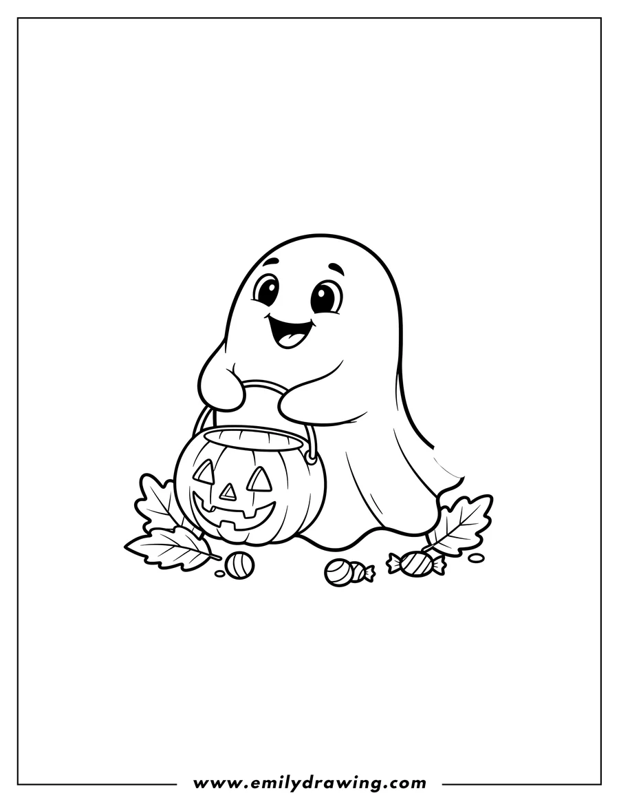 Vector style outline of adorable Ghost smiling and looking up, holding a pumpkin Trick Or Treat Bucket Preschoolers