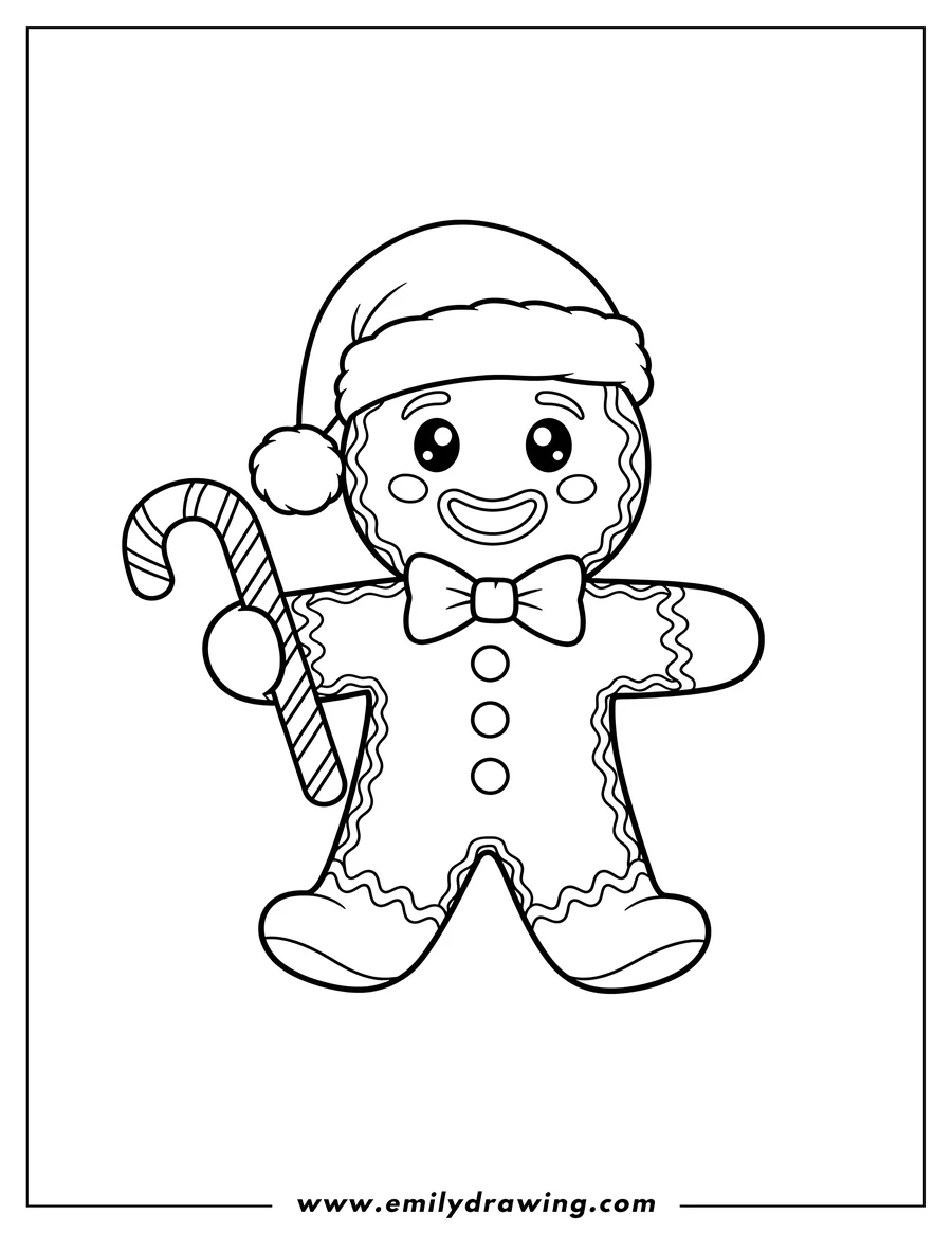 Free printable coloring sheet of adorable Gingerbread Man holding a candy cane, wearing a Santa hat, a bow tie, and big cute eyes